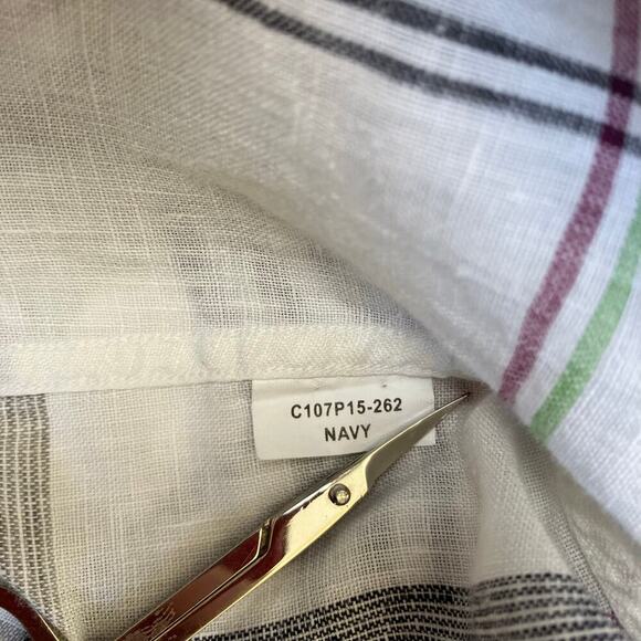 Thomas Dean Mens XL Tall 100% Linen Plaid Button Down Shirt White Multi Casual - Picture 13 of 16